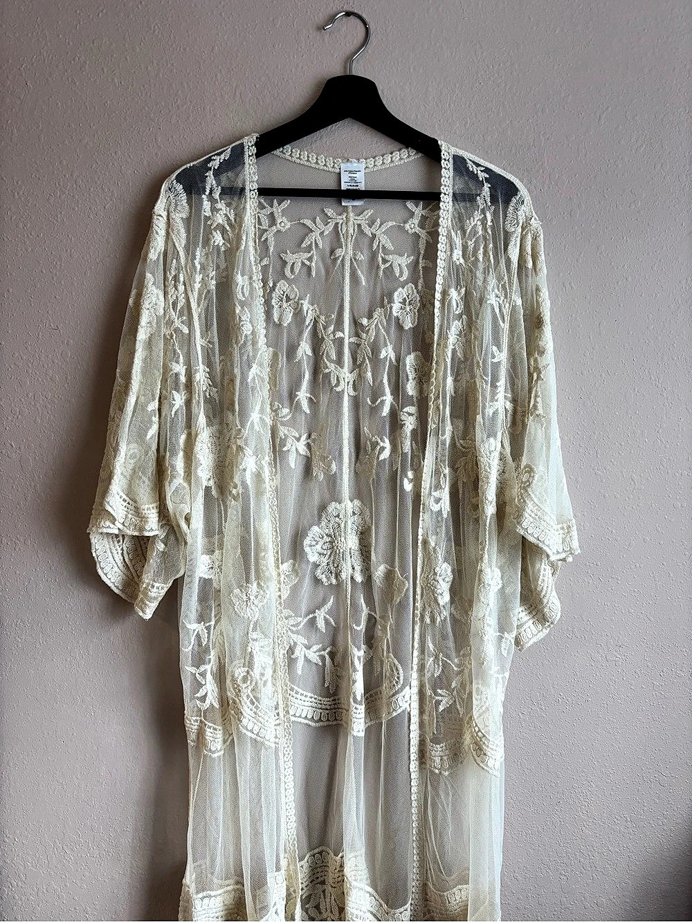 Boho Sheer Ivory Floral Kimono Duster Size Large